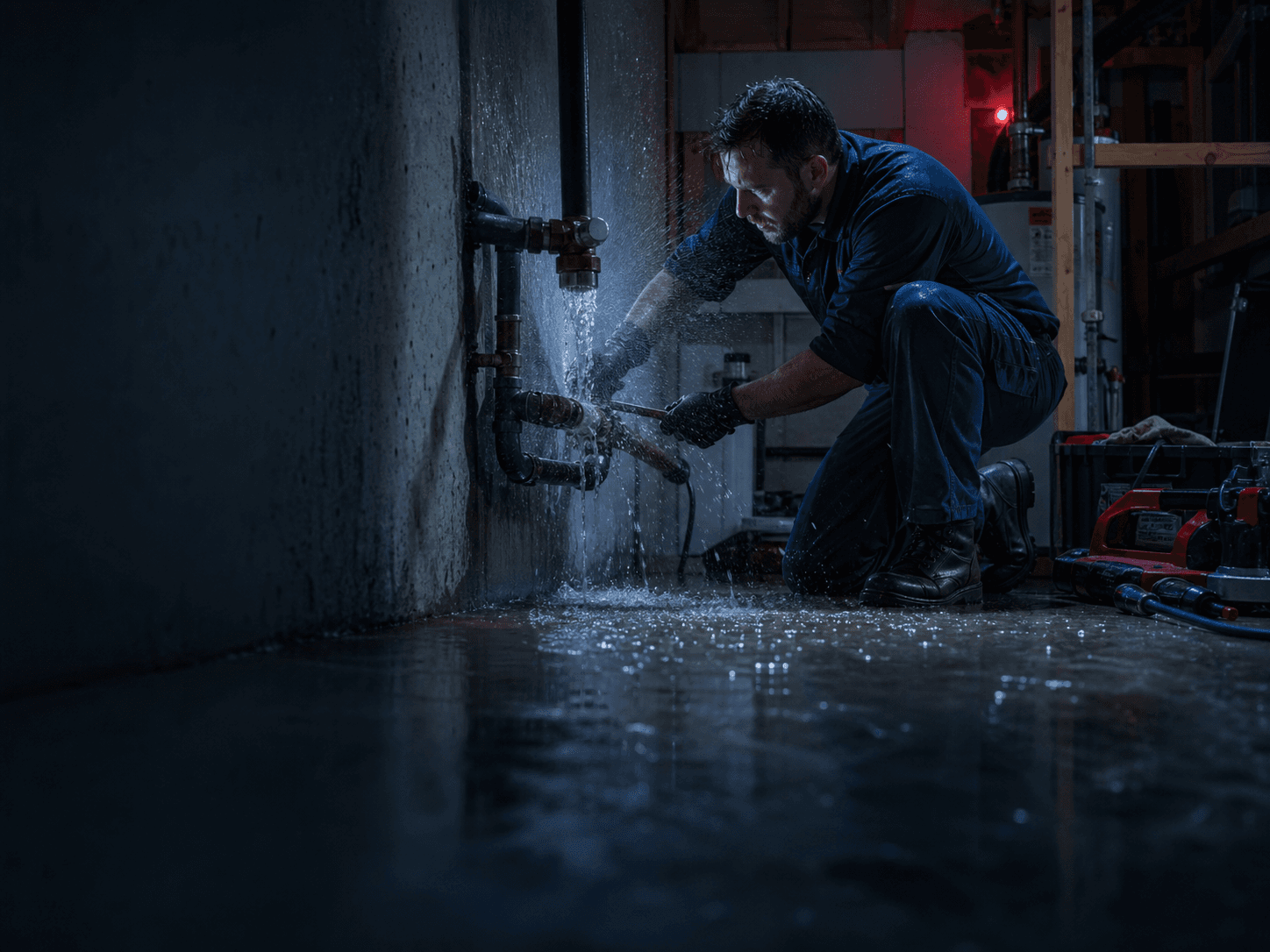 Bellevue emergency plumber repairing a burst copper supply line at 2am — flashlight illumination, residential utility room, frozen-pipe winter scenario typical of Eastside cold snaps
