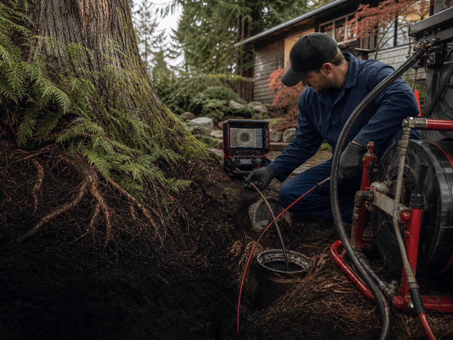 Sewer camera inspection beside exposed western red cedar root mass in a Bridle Trails Bellevue yard — Pacific Northwest root intrusion pattern typical of 1960s clay sewer laterals